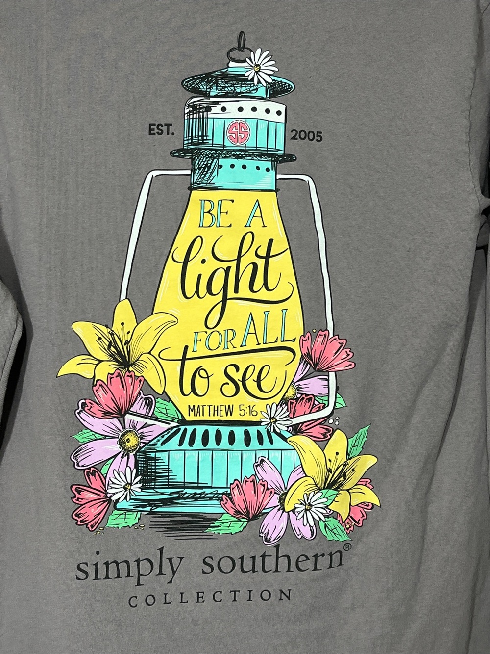 Simply Southern Be a Light Matthew 5:16 Long Sleeve Tee Small Gray/lavender